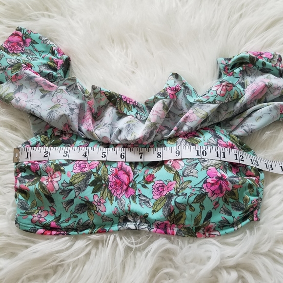 Blue C Women's Sz M Bikini Top Ruffled Shoulders Floral Pink Mint Green - Picture 6 of 6